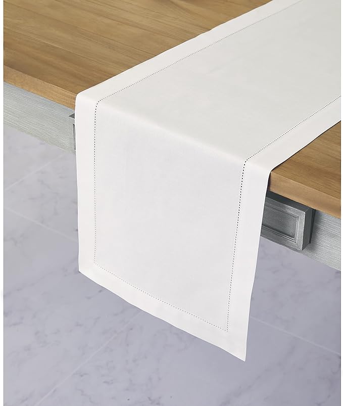 Solino Home White Table Runner 132 Inches Long - Cotton Linen Hemstitch Extra Long Table Runner 14 x 132 Inch for Winter, Valentines, Spring, Easter