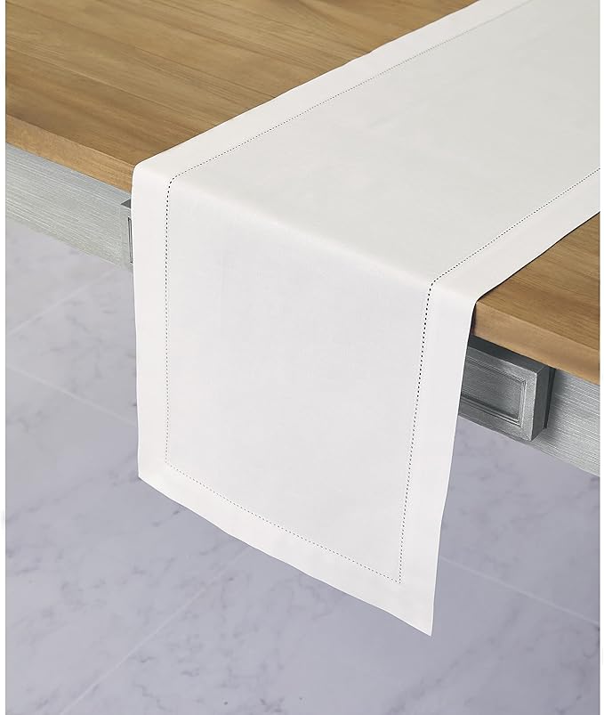 Solino Home White Table Runner 60 Inches - Cotton Linen Hemstitch Coffee Table Runner 14 x 60 Inch Ideal for Dresser Tables - Winter, Valentines, Spring, Easter