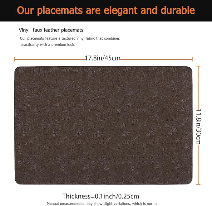 Vinyl Placemats Set of 6 Faux Leather 100% Waterproof Wipeable Washable Place Mats Heat Resistant Easy Clean Non-Slip Table Mats for Indoor Outdoor. (6,Coffee)
