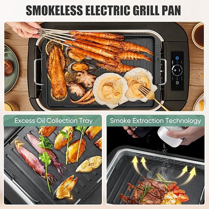 Smokeless Indoor Grill, Amornest Electric Indoor Grill 1100W for Korean BBQ with Dual Turbo Smoke Extractor, LED Smart Display & Dual-Zone Nonstick Grills Plate, 6-Level Temp Control, Dishwasher Safe
