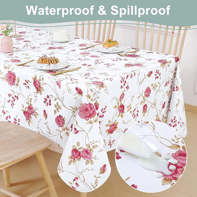 misaya Rectangle Waterproof Vinyl Table Cloth, Plastic Tablecloth with Flannel Backing, Wipeable Table Cover for Dinner, Picnic, Indoor and Outdoor (Pink Flowers, 60" x 120")