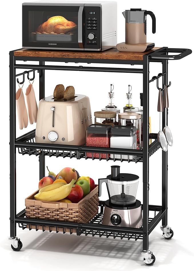 Microwave Kitchen Cart with Push Handle, 3 Tier Rolling Cart with 2 Lockable Wheels, Vintage Kitchen Storage Cart with 210Lbs Capacity for Kitchen Island, Restaurant, Coffee Bar, Living Room, Office