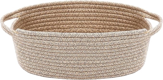 Woven Basket,Small Rope Storage Bin with Handles & Ribbon Bag, Organizer for Shelves Closets,Gift Basket Empty for Birthday,Books,Dog Toys,Oatmeal