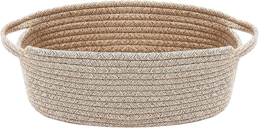 Woven Basket,Small Rope Storage Bin with Handles & Ribbon Bag, Organizer for Shelves Closets,Gift Basket Empty for Birthday,Books,Dog Toys,Oatmeal