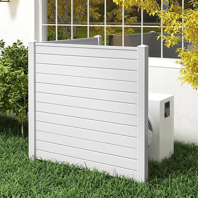 Giantex Outdoor Privacy Screen 2 Panels, 48''W x 48''H Decorative Air Conditioner Fence Trash Can Enclosure with 3 Stakes, Easy Assembly, PVC Vinyl Picket Fences for Garden Patio Lawn, White