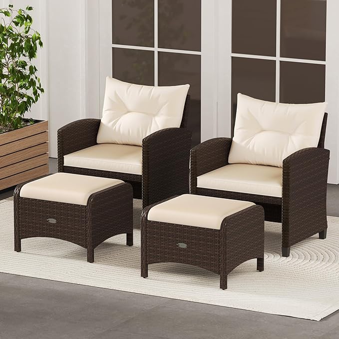 Tangkula 2 Pieces Outdoor Patio PE Wicker Ottomans with Removable Cushions, Outdoor Furniture for Additional Seating, Footrest and Side Table, Outdoor Footstools for Porch, Garden and Backyard