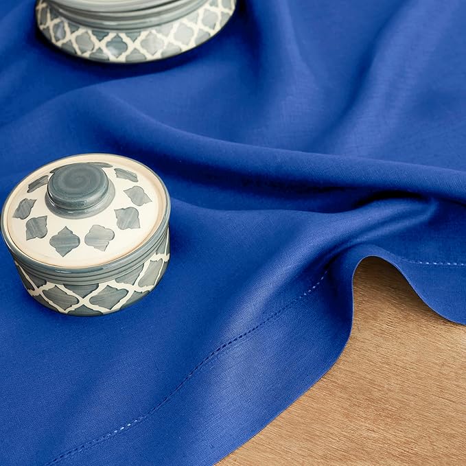 Solino Home Linen Royal Blue Table Runner 132 Inches Long - 100% Pure Linen Extra Long Table Runner 14 x 132 Inch for Spring - Classic Hemstitch