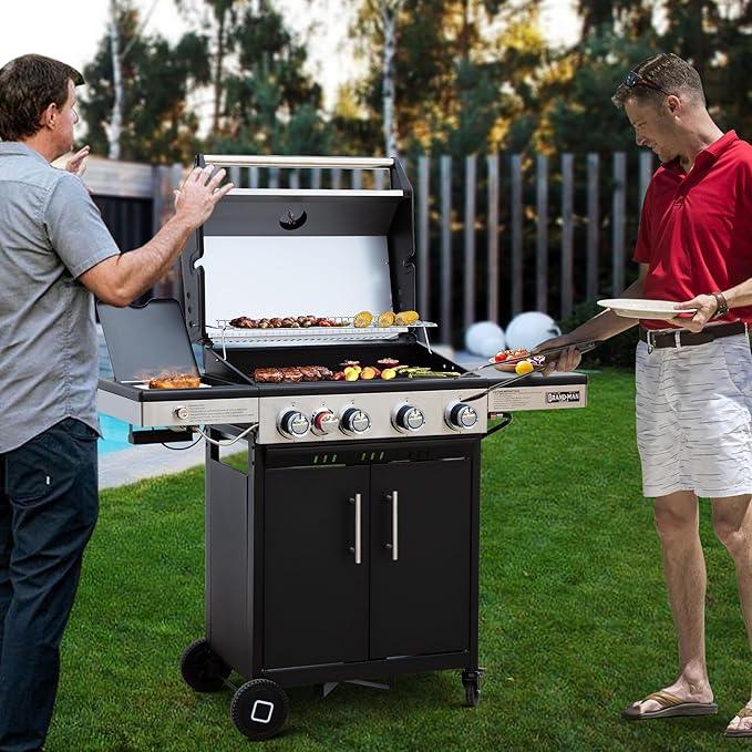 Brand-Man Portable Propane Gas Grill, 4 Burner Compact Cabinet Style Gas BBQ Grill with Infrared Side Burner & Side Table for Outdoor Barbecue Grilling & Backyard Cooking