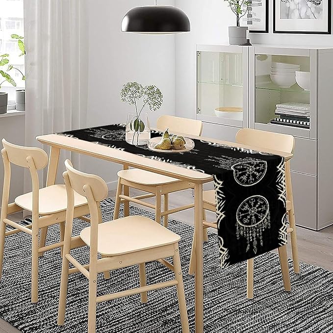 Viking Table Runner, Nordic Ancient Mythical Runes Print Table Runner for Home Dining Kitchen Coffee Table Party 13x108in