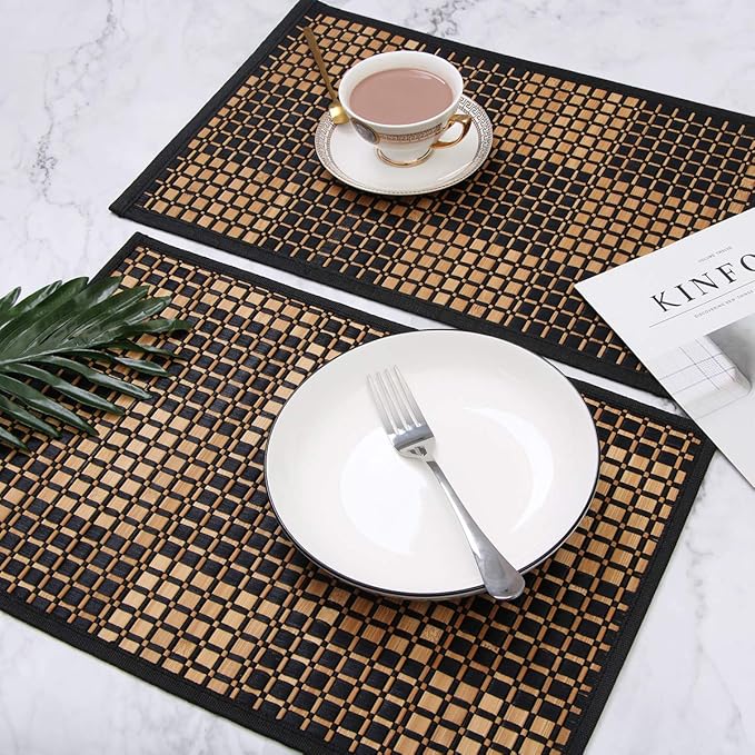 Placemats Set of 6 for Dining Table, Bamboo Place Mats for Kitchen Table Decor, Table Mats Heat Resistant & Non-Slip for Indoor/Outdoor Party, Table Placemats Set of 6 for Dinner Table Black