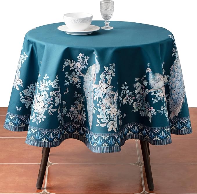 Maison d' Hermine Premium Table Cloth Round Table 100% Combed Cotton 70" Diameter Inches Tablecloth Reusable Decorative for Dining Room, Farmhouse, Party, Festive & Wedding - Peacock Utopia - Deep Sea