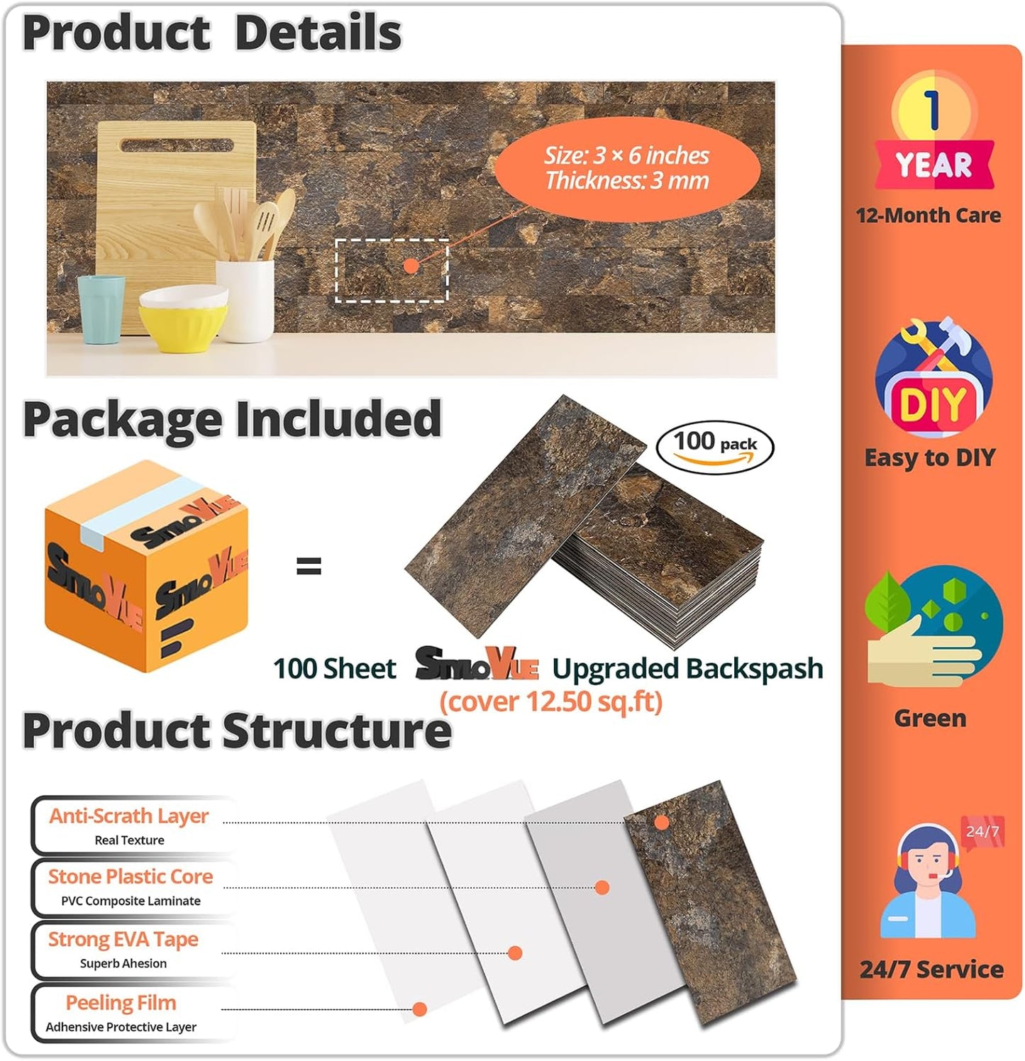 100 Pieces Peel and Stick Backsplash for Kitchen, 3" x 6" PVC Subway Tile 2025 Upgraded Rust Slate Backsplash Stick on Tile Elevate Kitchen, Bathroom, Fireplace,RV