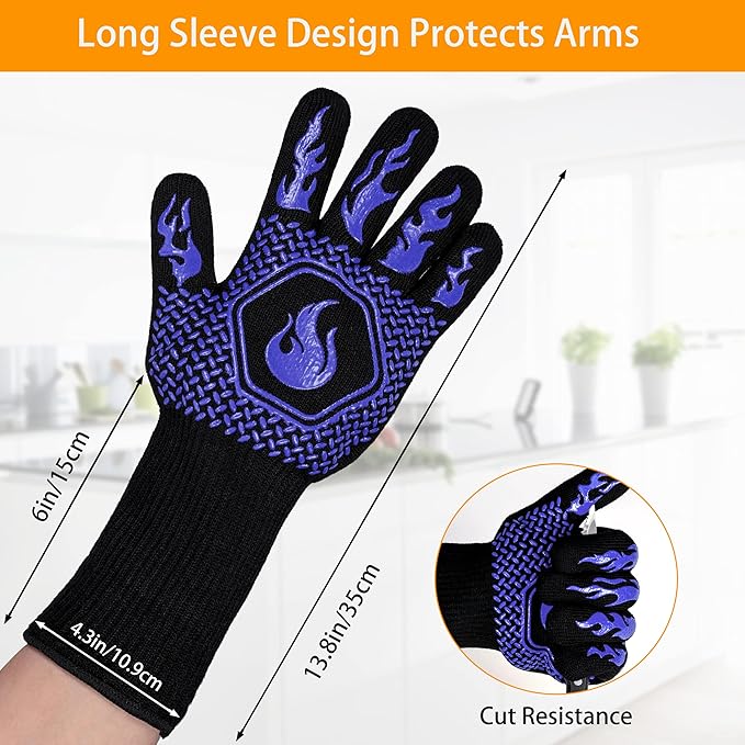 BBQ Fireproof Gloves, Grill Cut-Resistant 1472°F Heat Resistant Gloves, Non-Slip Silicone Oven Gloves, Kitchen Safe Cooking Gloves for Oven Mitts,Barbecue,Cooking, Frying,13.5 Inch-Blue