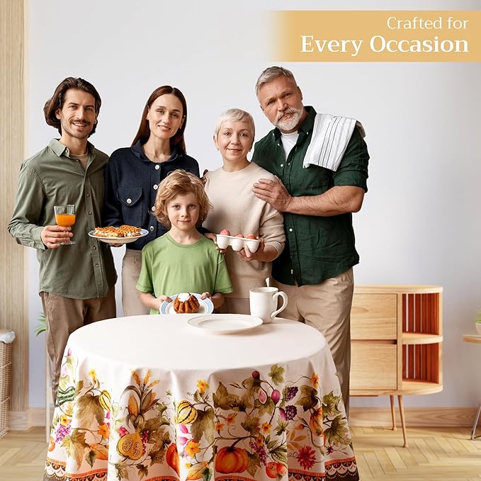 Maison d' Hermine Table Cloth Round Table 100% Cotton 63 Inches Fall Tablecloth Reusable Everyday Use for Thanksgiving Christmas Decorations Dining Farmhouse Party (Pumpkin Garden - Cloudy Cream)