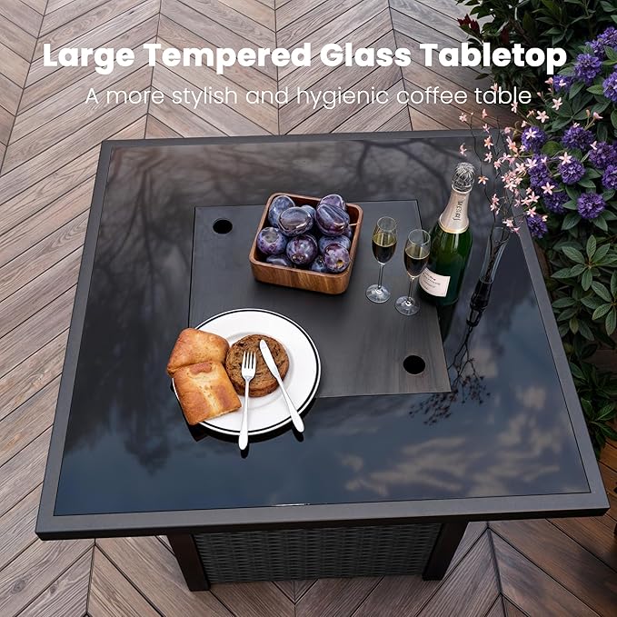 Propane Outdoor Fire Pit Table, 28" Rattan Square Fire Pit Table, Outdoor Gas FirePit W/Glass Wind Guard, Tempered Glass Tabletop, Lid, CSA Listed, 50,000 BTU, Outside Patio Deck & Garden, Black