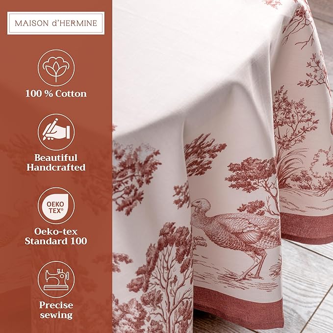 Maison d' Hermine Table Cloth Round Table 100% Cotton 69 Inches Fall Tablecloth Reusable Everyday Use for Thanksgiving Christmas Decorations Dining Farmhouse Party (Holy Jouy - Brown)