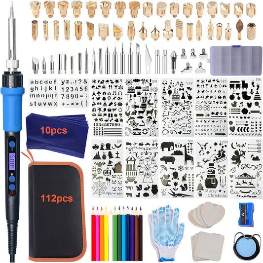112PCS Calegency Wood Burning Kit-Wood Burning Tool Set with Digital LCD Display Pyrography Pen Adjustable Temperature and Embossing/Carving/Soldering/Engraving Tips for Wooden Crafts