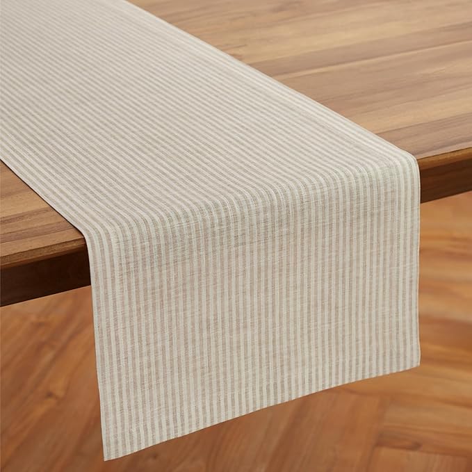 Solino Home Linen Table Runner 60 Inches - Narrow Stripe 100% Pure Linen Natural and White Farmhouse Table Runner 14 x 60 Inch Ideal for Dresser and Coffee Tables - Spring, Easter