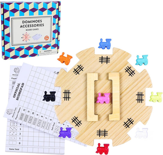 Mexican Train Dominoes Accessories Set with Wooden Hub (Felted Bottom) - Includes 9 Metal Train Markers & 100-Sheet Score Pads - Mexican Train Domino Game Replacement Parts for 2-8 Players Family Game