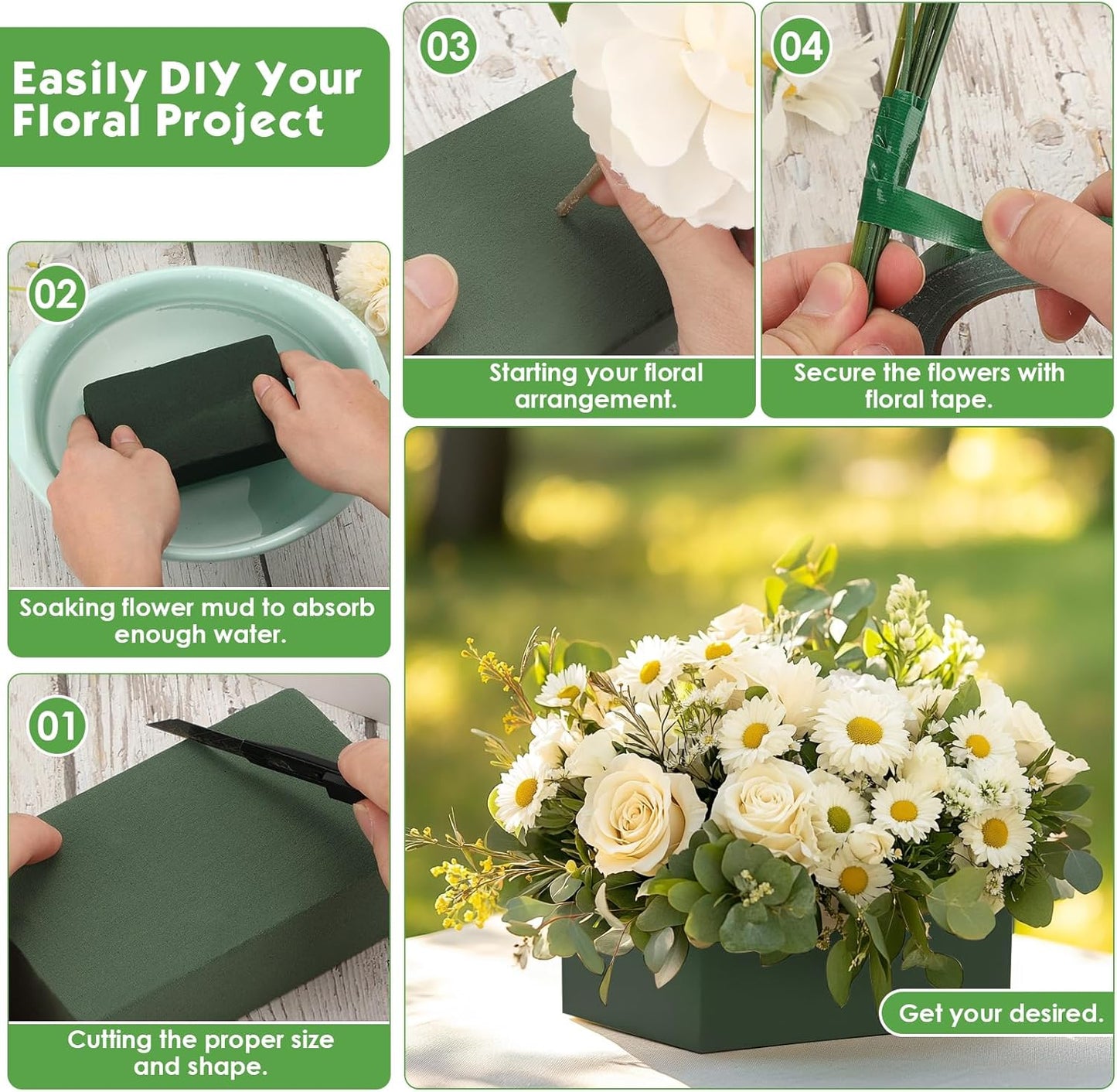 MAPVOLUT Premium Floral Foam Blocks (4 Pack 5.5"x3.1"x1.7") & Waterproof Floral Tape (65ft) - Fast Soak Oasis Foam for Fresh & Fake Flowers, DIY Wedding Centerpieces, Bouquets, Home Decor Crafts