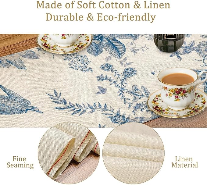 Spring Flower Table Runner, Farmhouse Vintage Blue White Floral Bird Print Table Runner for Kitchen Dining Table Party Wedding Decor, 13x36inch