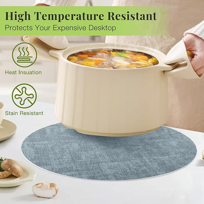 13-Inch Faux Leather Round Placemats Set of 12, Waterproof Anti-Slip Dual Sided Place mats, Heat Resistant Washable Table Mats with Coaster, Suitable for Indoor & Outdoor (12, Black Light Blue)