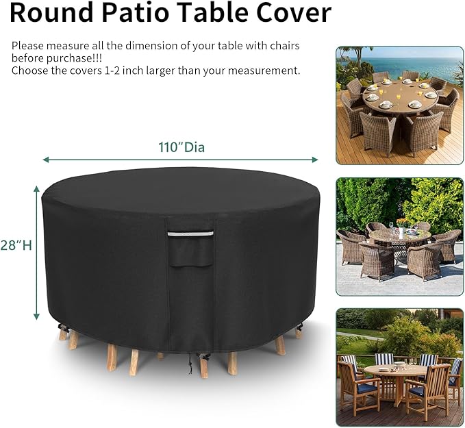 Round Patio Furniture Covers, 500D Heavy Duty Waterproof UV Resistant Cover for Round Outdoor Dining Table & Chairs,110" Dia x 28" H -Black