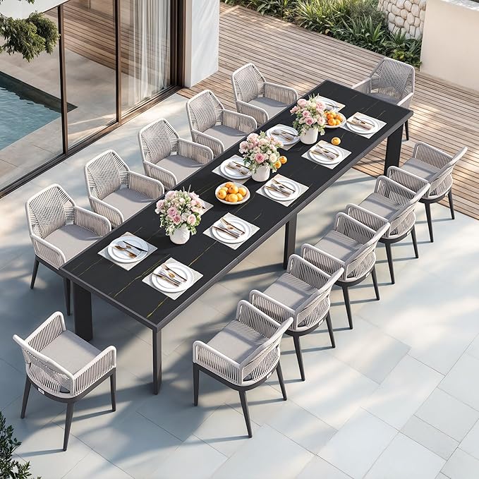 PURPLE LEAF 13 Pieces Patio Dining Set Aluminum Modern Rectangular Table and Rattan Arm Chairs with Cushions for Kitchen Porch Garden Outdoor Furniture Sets, Dark Grey