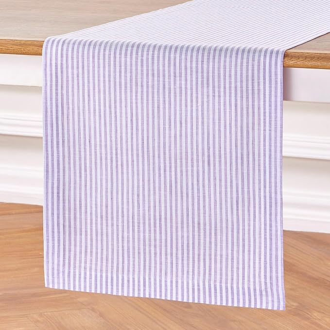 Solino Home Linen Table Runner 108 Inches Long - Narrow Stripe, 100% Pure Linen Lavender and White Table Runner 14 x 108 Inch for Dining, Valentines, Spring, Easter