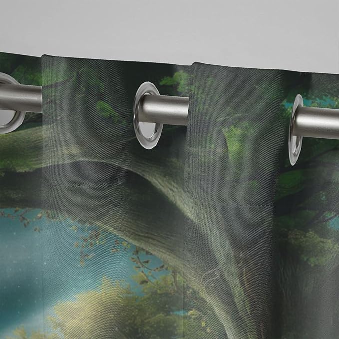 Forest Theme Waterproof Outdoor Curtains for Patio,Trees Moon Lake Pattern,Light Filtering Curtains Outside Curtains for Porch, Gazebo, Pergola, Backyard,2 Panels,W54 x L84,Green