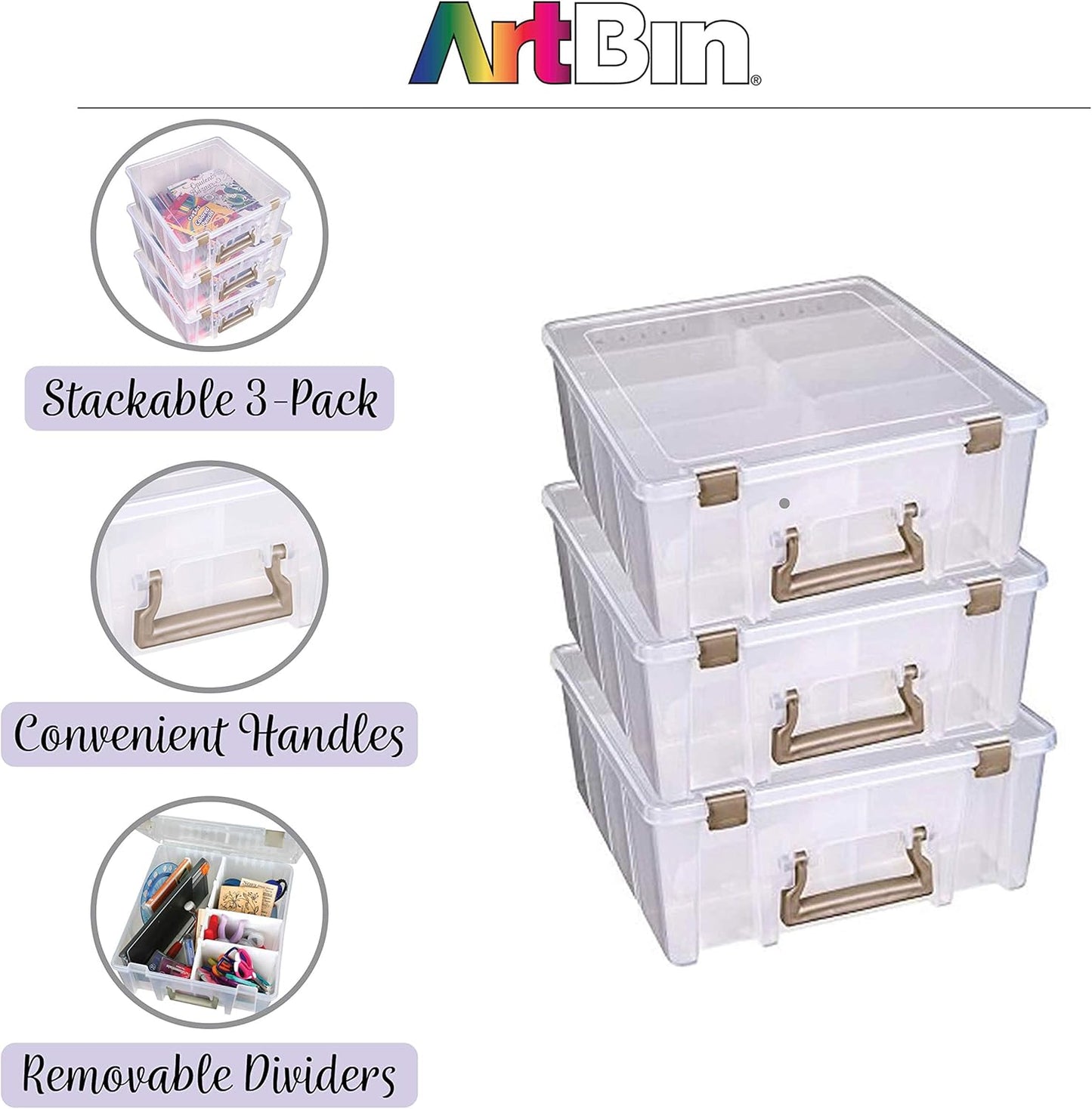 ArtBin 6990ZZ Super Satchel Double Deep 3-Pack, Portable Art & Craft Organizers with Handles, [3] Plastic Storage Cases, Clear & Gold