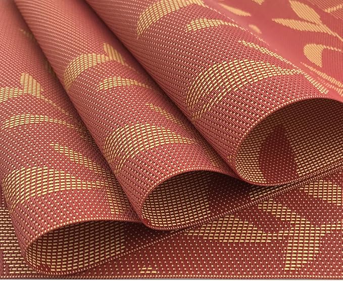 Gugrida Place Mats PVC Set of 6, Table Placemats Set of 6 PVC Woven Vinyl Place Mats Table Mats Natural Color (6 pcs, Oriange Leaves)