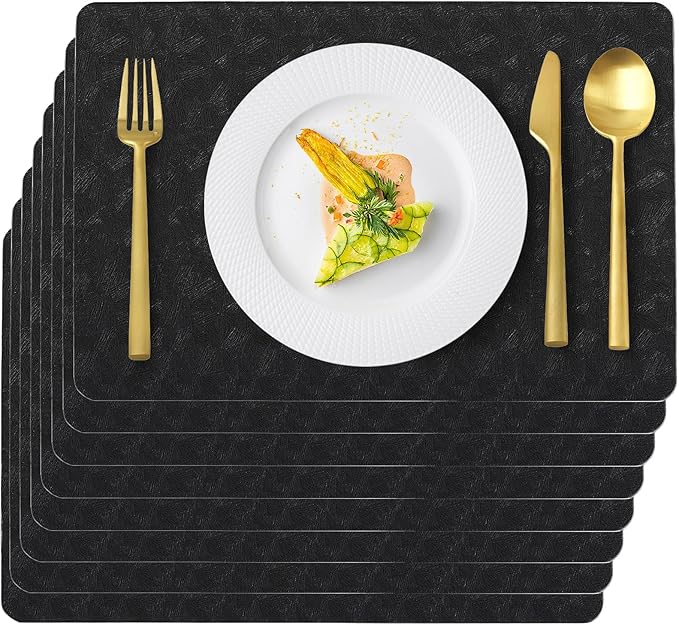Vinyl Placemats Set of 6 Faux Leather 100% Waterproof Wipeable Washable Place Mats Heat Resistant Easy Clean Non-Slip Table Mats for Indoor Outdoor. (6,Black)