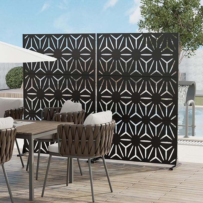 Casaphoria 72" H x 45" W Metal Privacy Screen, 2 Pack Outdoor Freestanding Decorative Divider for Patio & Garden with Stable Base, Black-Star