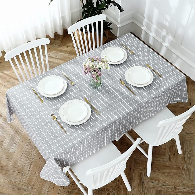 Romanstile Rectangle Vinyl Tablecloth, 100% Waterproof Oil-Proof Checkered Plastic Table Cloth, Heavy Duty Wipeable Table Covers for Dining, Camping, Picnic, Outdoor - 60 x 120 Inch, Grey