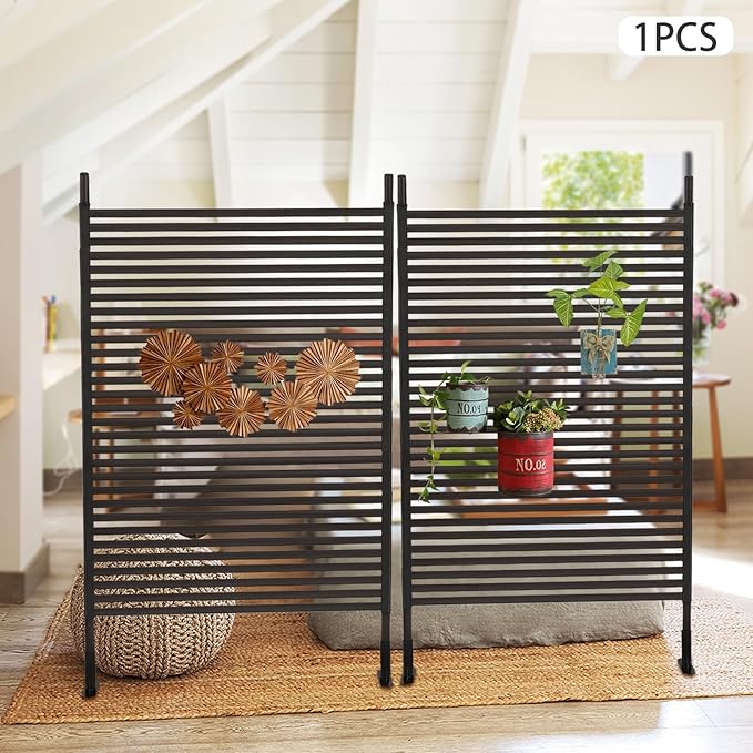 Outdoor Privacy Screens Freestanding, 43" W x 71" H Metal Slatted Decorative Screen and Panels with Stand, Brown Backyard Privacy Panels for Garden Patio