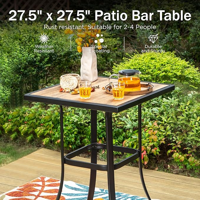 PHI VILLA Patio Bar Table, Outdoor Bar Height Bistro Table with Wooden-Like Table Top & Metal Frame, Brown