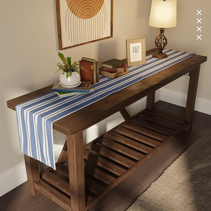 Encasa XO Cotton Dining Table Runner | Franca Blue Stripes | Size 13x91 in - Machine Washable & Durable