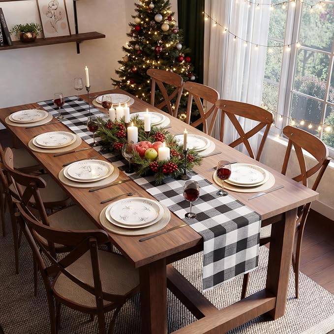 Encasa XO Cotton Dining Table Runner | Buffalo Black Checks | Size 13x72 in - Machine Washable & Durable
