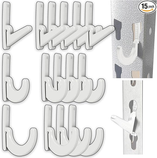 Heavy Duty Plastic L-Hooks and J-Hooks for Garage Shelving, Compatible with Keyhole Slots, UV-Resistant, 40 lbs Load Capacity (15, White L-Hook and J-Hook Assortment)