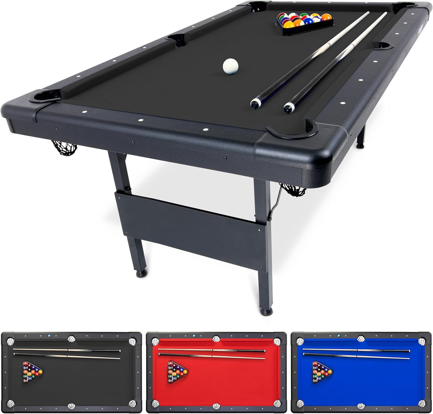 GoSports 6, 7, or 8 ft Billiards Tables - No Assembly, Choose Your Color - Portable Pool Table Includes Full Set of Balls, 2 Cue Sticks, Chalk and Felt Brush
