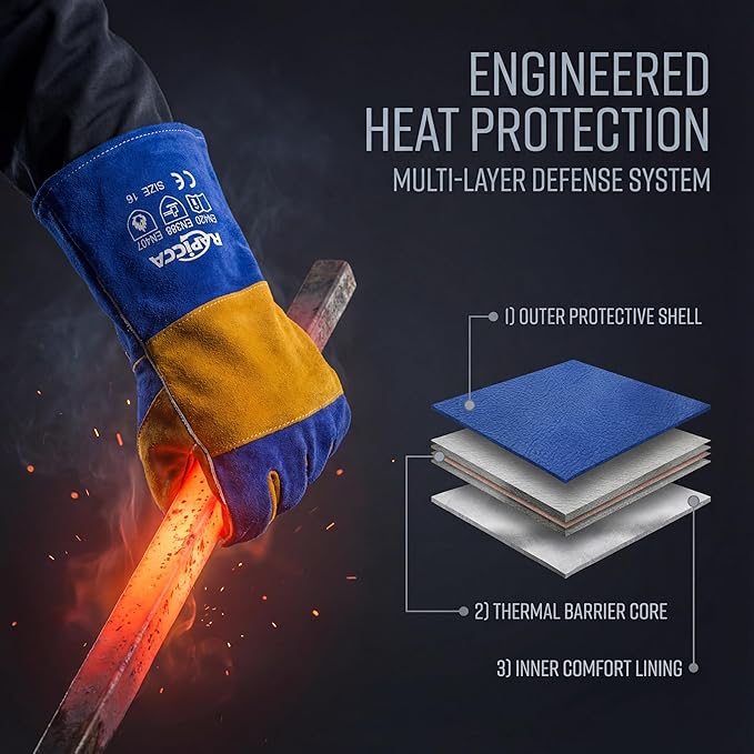 RAPICCA Welding Gloves Fire Heat Resistant: Blue 16IN 932℉ - Fireproof Leather For Stick Mig Flux-Core Welder Forge Blacksmith Fireplace Wood Stove Fire Pit Grill Oven Furnace Handling Dry Ice