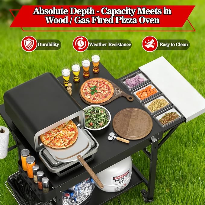 Grill Table for Oon Pizza Oven Accessories, Ninja Pizza Oven Table with Extendable Desk - Fit Gozney, Solo Stove, Durable Outdoor Grill Cart Stand with Food Prep Topping Station for Backyard