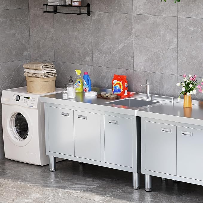 WWK 47" x 21" Stainless Steel Sink with Cabinet, Freestanding Utility Sink Laundry Sink, Heavy Duty Commercial Kitchen Sink for Outdoor, Restaurant, Hotel, Cafe, and Garage, 21D x 47W x 35H inches