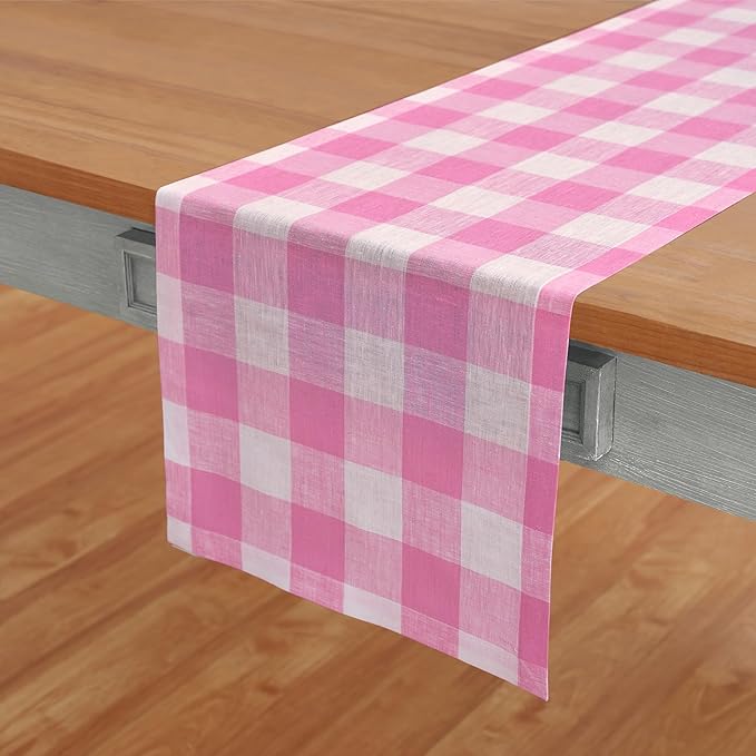 Solino Home Linen Checkered Table Runners 72 Inches Long - 100% Pure Linen Pink Begonia Buffalo Check Table Runner 14 x 72 Inch Ideal for Dresser, Dining, Valentines, Spring, Easter
