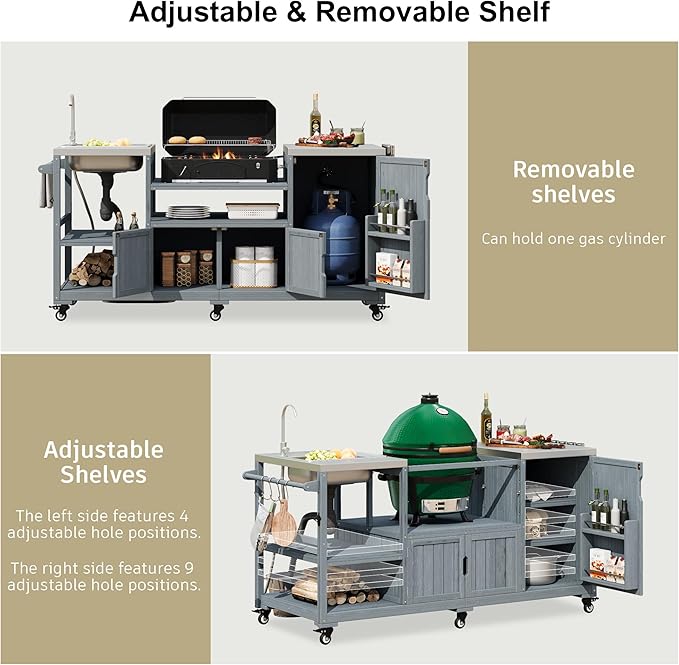 75.4" Outdoor Kitchen Grill Cart with Sink, Solid Fir Wood Island for XL Egg Grills, Rolling BBQ Bar Cart with Stainless Steel Top & Storage, Brown