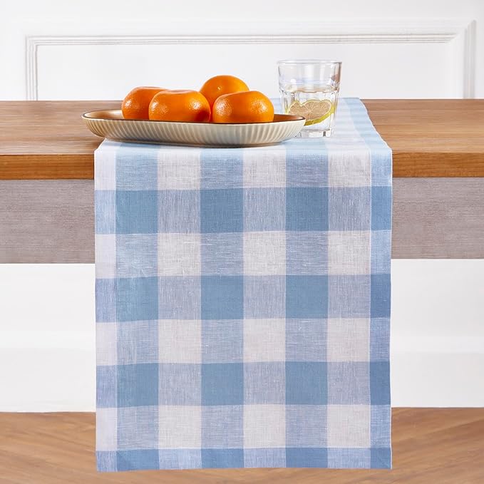 Solino Home Linen Checkered Table Runners 72 Inches Long - 100% Pure Linen Chambray Blue and White Buffalo Check Table Runner 14 x 72 Inch Ideal for Dresser, Dining, Spring, Easter