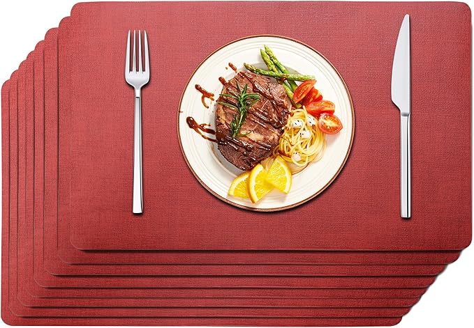 Maxpearl Faux Leather Placemats Set of 8 - Waterproof - Wipe Clean - Heat Resistant - Non Slip Dining Table Place Mats, Suitable for Indoor & Outdoor Use, 17’’x12’’, Red