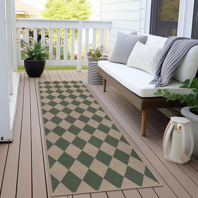 Easy Jute Checkered Runner Rug, 2x6 Green Modern Washable Rugs Runner for Hallway Non-Slip Long Kitchen Rug, Geometric Diamond Indoor Outdoor Carpet for Porch Laundry Entryway