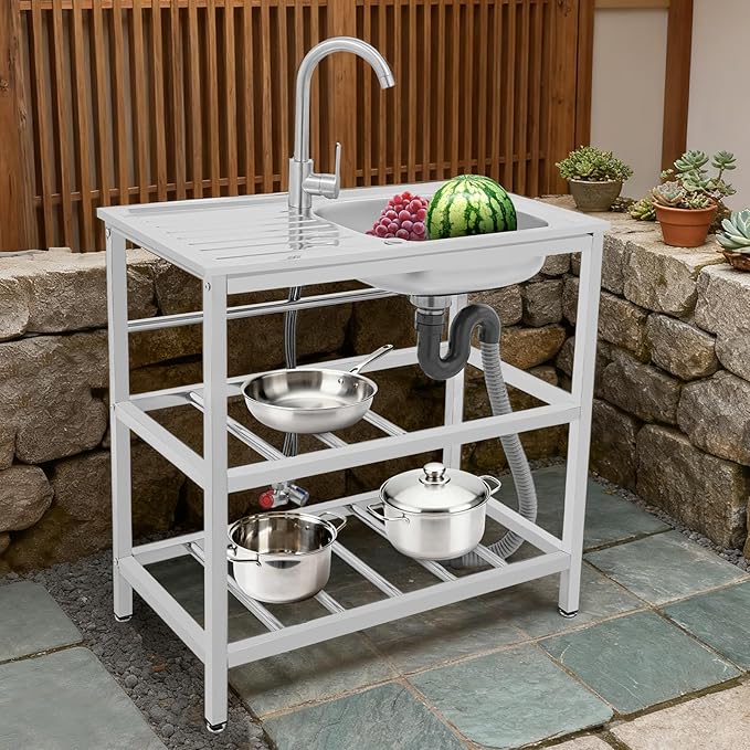 Outdoor Utility Sink, Freestanding Kitchen Sink with Faucet, Utility Sink Freestanding Single Bowl Portable Washing Hand Basin Station with 2 Tier Storage Shelves for Backyard (29.52x 15.74x 30.7in)